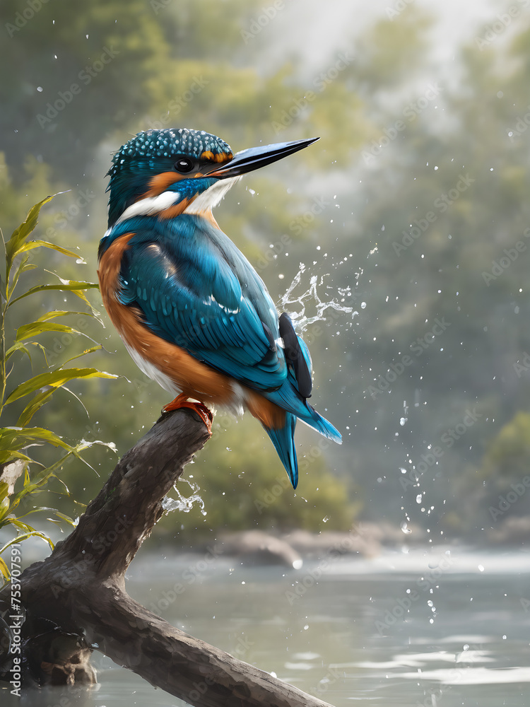 Fototapeta premium Colorful kingfisher perched on branch amidst green foliage, with lilac roller nearby, surrounded by vibrant nature