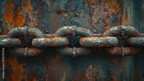 Macro shot of aged rusted chain on a blurred backdrop