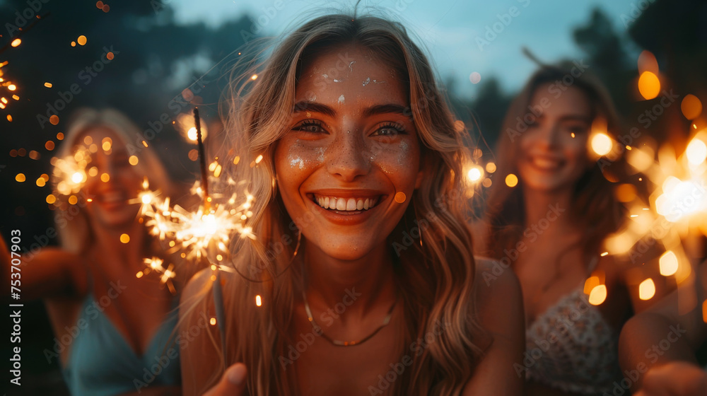 Picture showing group of friends having fun with sparklers.