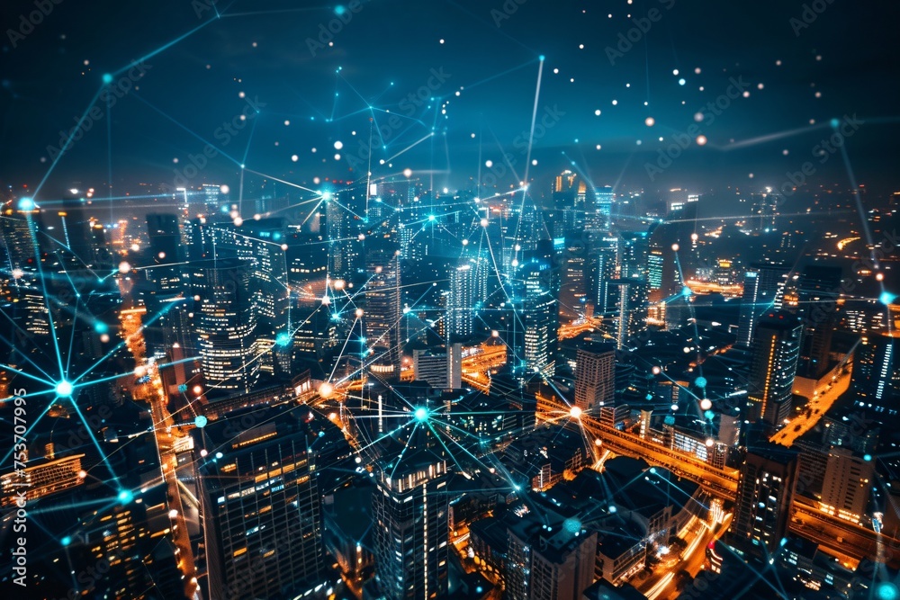 Smart city with interconnected data centers emphasizing the role of AI in urban development