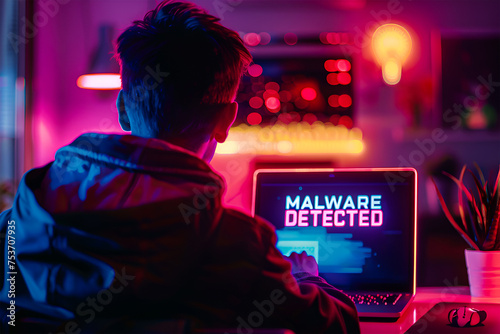 Person sitting using laptop computer got malware virus in his pc. Malware detected concept. Cyber Crime, security, privacy, information, data leak photo