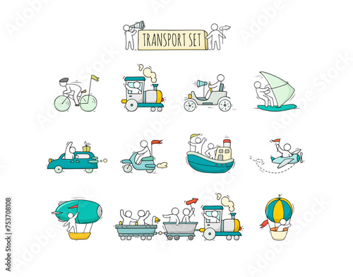 Cartoon set of little people on train, boat, plane, car.