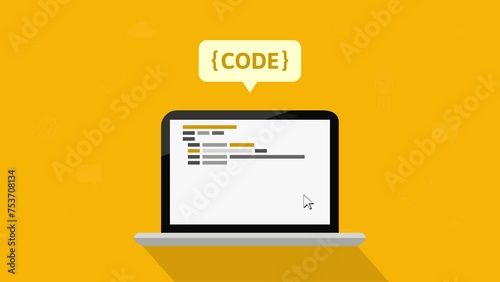Coding and programming concept with code development, script and data appearing on display screen. Animation in flat design.