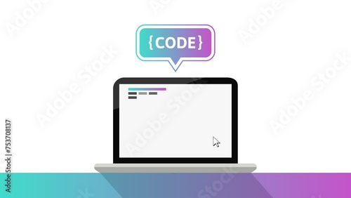 Coding and programming concept. Web, app or software development with animated code being written and seen on laptop screen, making related icons appear as success symbol.