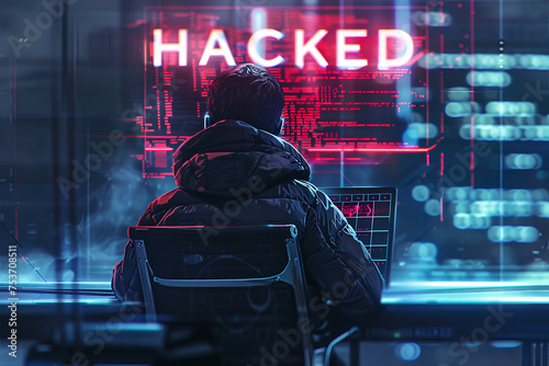 A person in a black hoodie is sitting in a dark room in front of a computer. Being Hacked Concept. Hacker. photo