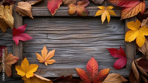 Classical wooden frame on a bed of scattered fall leaves backdrop