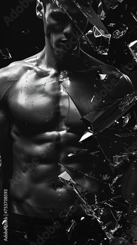 Strong six pack contrasted with a jet black background and shards of crystal reflecting resilience and strength