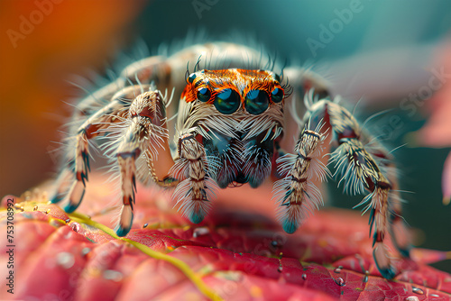 A closeup macro shot of a white jumping spider
