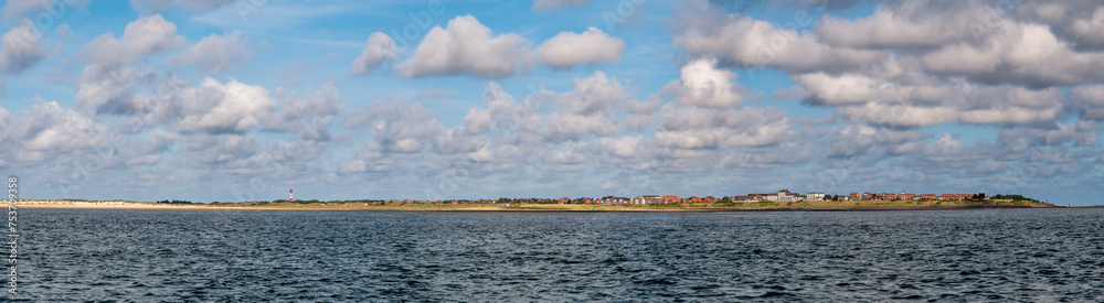 View of Wittdün coastline from Waddensea, Amrum Island, North Frisia, Germany