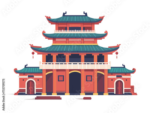 Illustration of the ancient Chinese city front façade in flat pastel colors. Isolated on white background. 