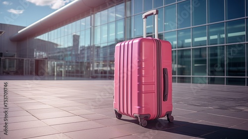 Pink suitcase outside an airport terminal at sunset