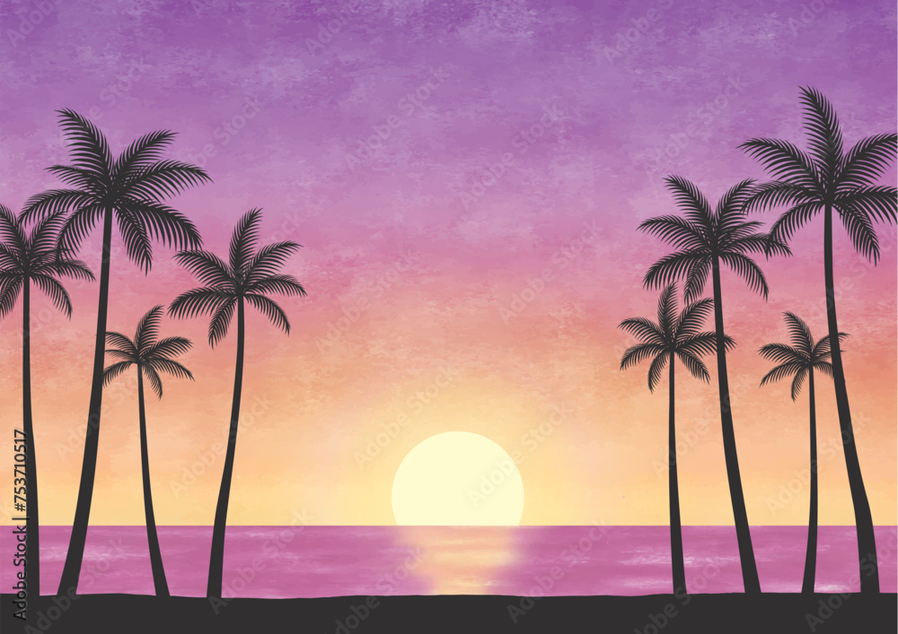 ハワイの夕日の景色とヤシの木水彩ピンク