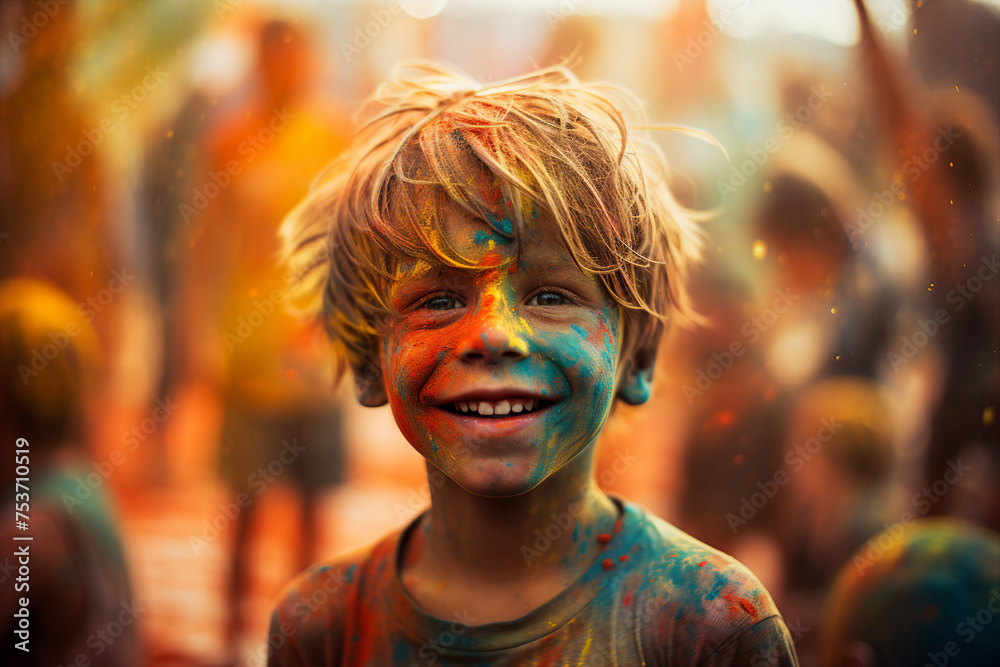 Happy child have fun on holi color festival party in india generative ai picture