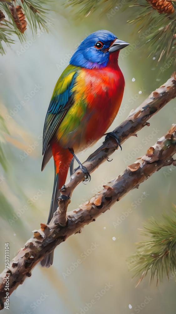 A colorful tropical bird with a vibrant beak perches on a branch in nature