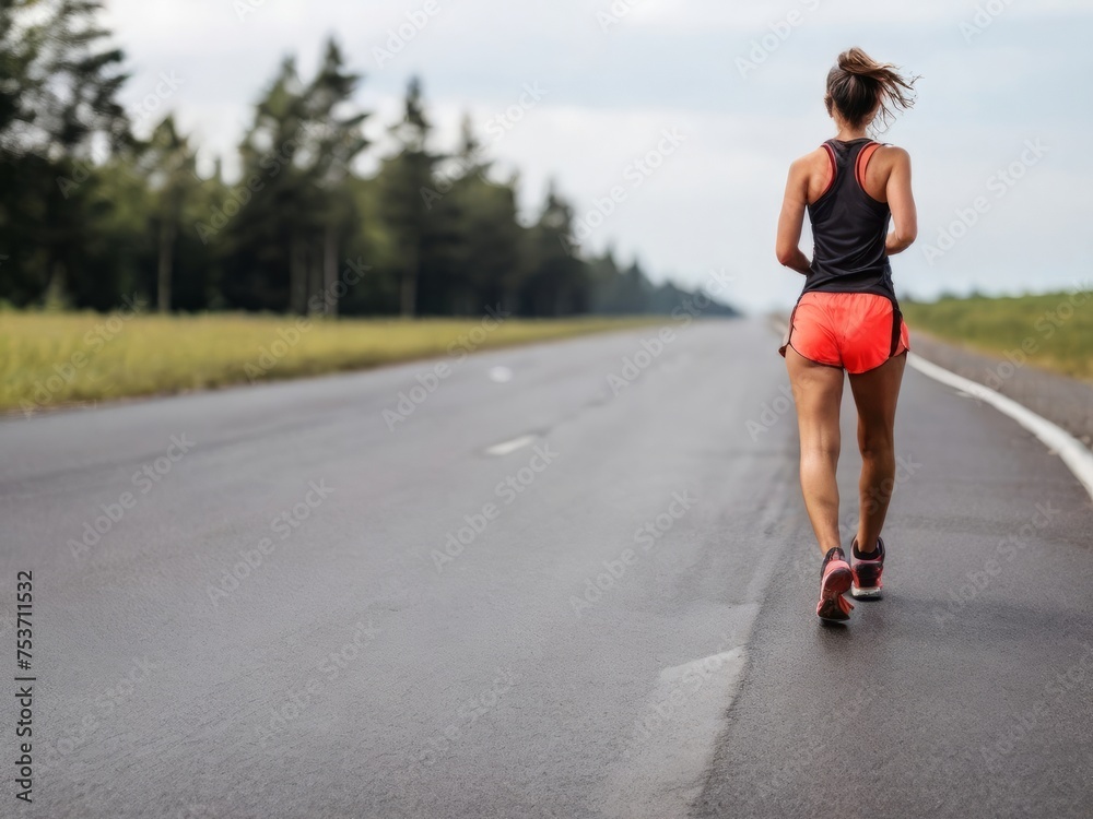 low angle of a Young woman running on a rural highway low angle of a Young woman running on a rural highway