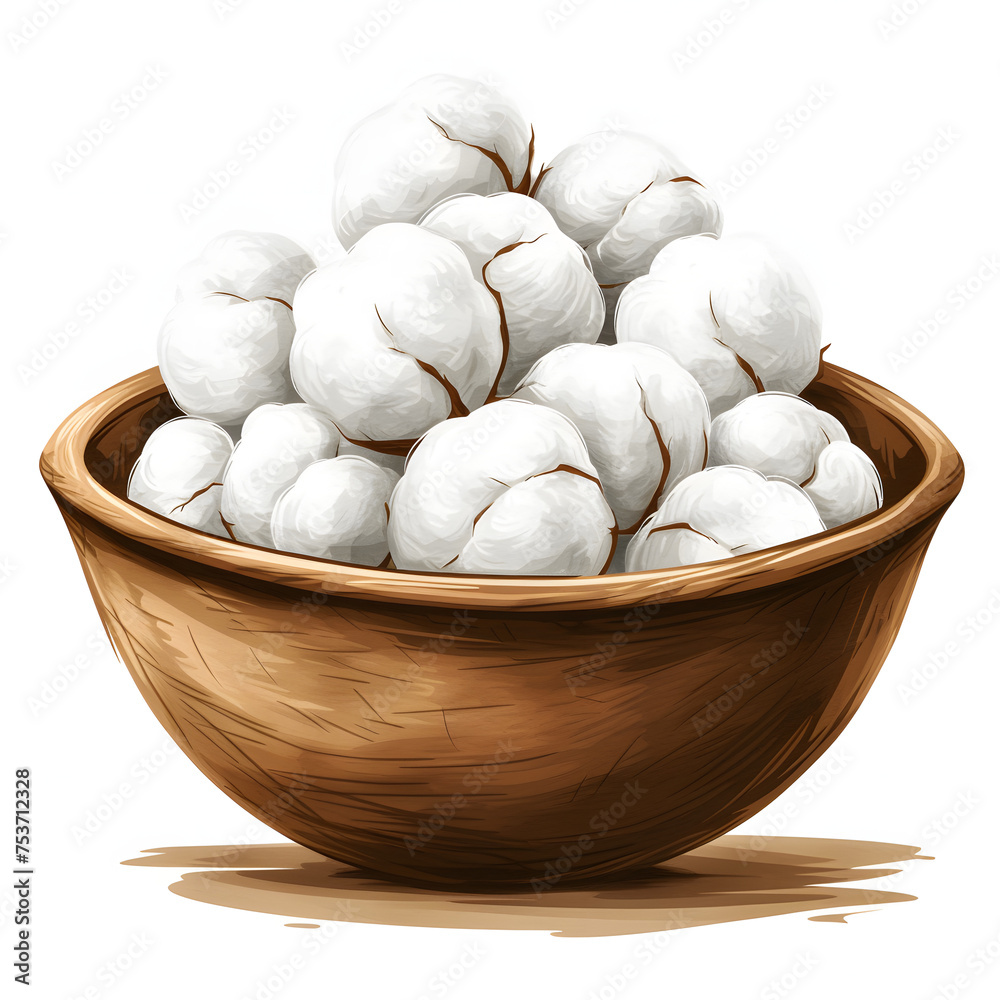Bowl of cotton balls isolated on white background, doodle style, png

