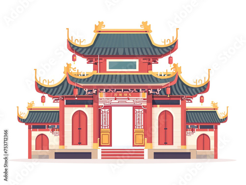 Illustration of the ancient Chinese city front façade in flat pastel colors. Isolated on white background. 