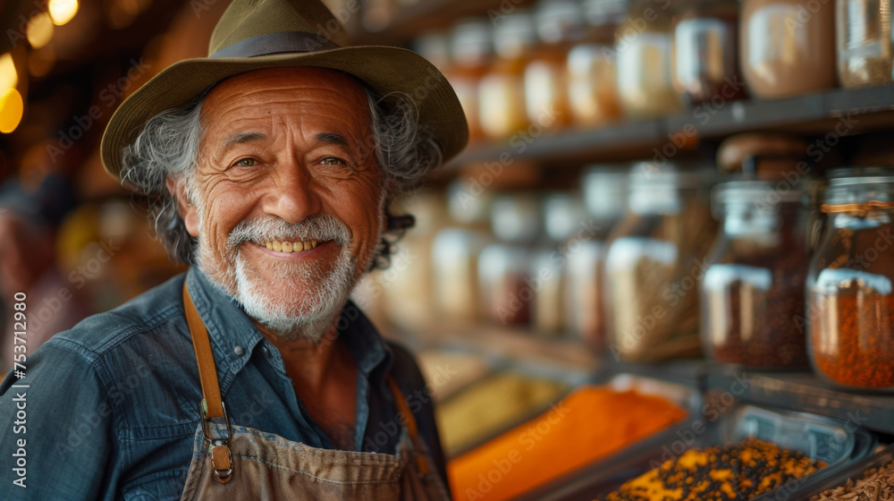 Portrait of a happy senior merchant standing with spice jar in store. Portrait of a happy senior merchant standing with spice jar in store.