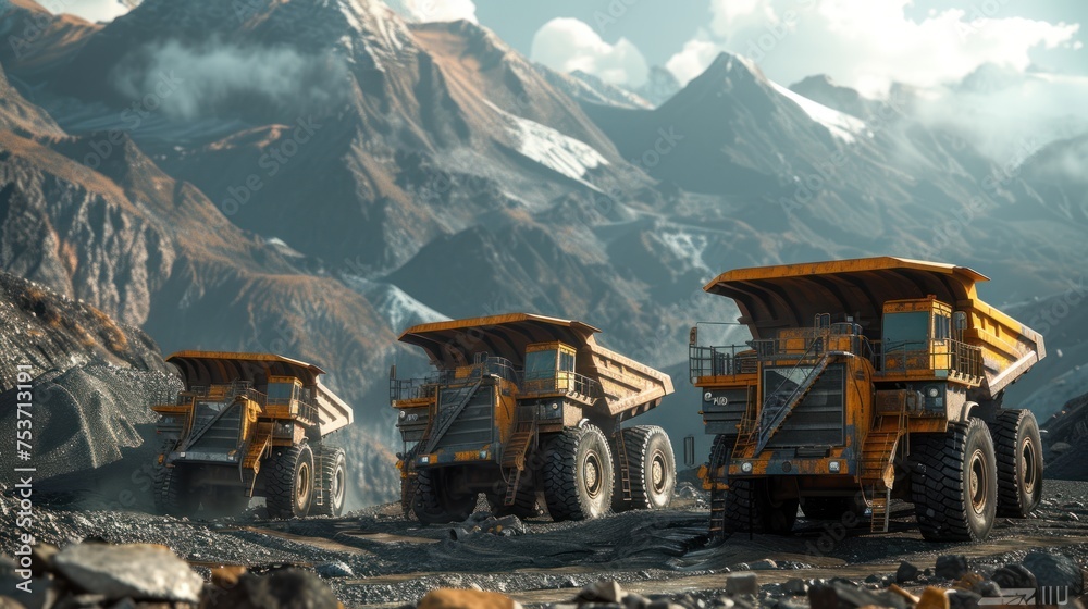 Fototapeta premium Industrial mining trucks at work in a mountainous quarry.