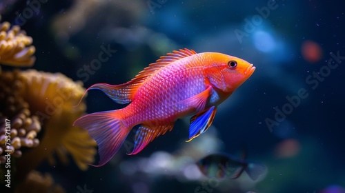 Coral red and azure blue vibrant tropical fish aquarium © furyon