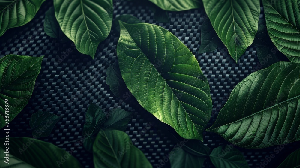 Fototapeta premium Green leaves carbon fiber texture background 