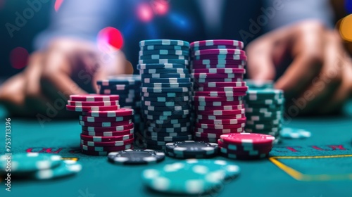 Stacks of poker chips and hands on a gaming table