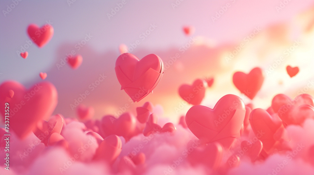 A Valentine's Day 3D illustration featuring a cascade of paper hearts against a pink sky.
