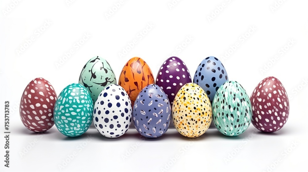 Various Easter eggs with various color and pattern on a white background. Happy Easter day celebration concept design. Various Easter eggs with various color and pattern on a white background. Happy Easter day celebration concept design.