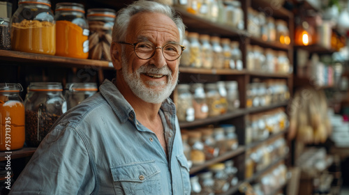 Portrait of a happy senior merchant standing with spice jar in store.