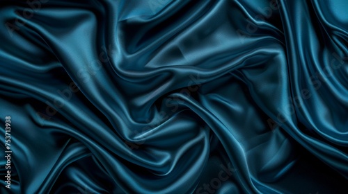 Dark blue teal silk fabric texture waving in the wind