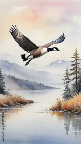 Ducks and seagulls gracefully flying over the serene lake © pla2u