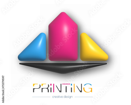 Abstract 3d digital or photo printing logo. Vector template of a brand, logo, sticker or sticker. The idea of creative design and thematic design