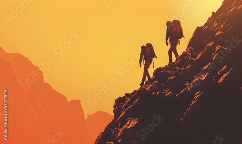 Help and assistance concept. Silhouettes of two people climbing on mountain thanks to mutual assistance and teamwork and partnership. business success and teamwork concept in company © katobonsai