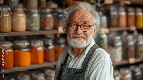 Portrait of a happy senior merchant standing with spice jar in store.