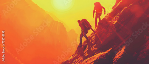 Help and assistance concept. Silhouettes of two people climbing on mountain thanks to mutual assistance and teamwork and partnership. business success and teamwork concept in company