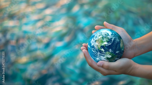 holds a globe in their hand while standing in water. Concept of responsibility and awareness towards the environment, Sustainable development .