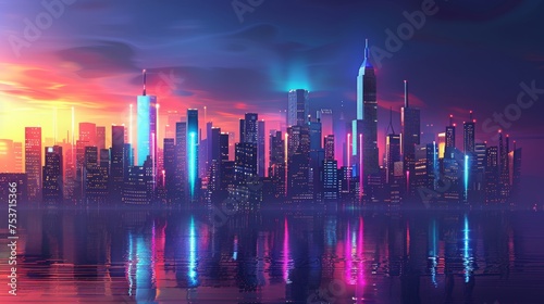 Futuristic city skyline with neon lights and color gradients
