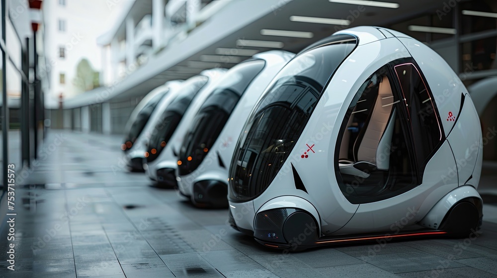 Self driving electric vehicle, futuristic design, on the city street. Self driving electric vehicle, futuristic design, on the city street.