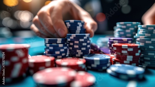 Hands stacking blue and red poker chips on a casino table