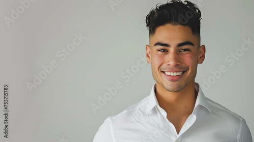 Portrait of a young Latin boy, in formal clothing. Studio shot, on white background.