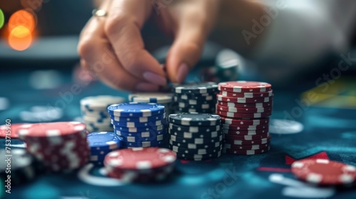 Close-up of hands placing poker chips on a casino table under bright lights