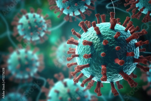 3d render of virus in abstract background, Focus on one virus, blurred background, copy space, AI Generated photo