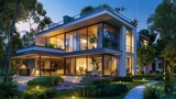 Luxurious modern house exterior house illuminated by elegant lighting
