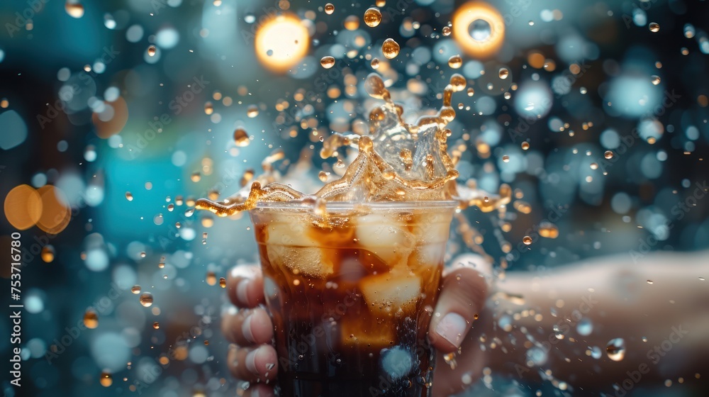 Coffee explosion in a glass with ice on a dynamic background - obrazy, fototapety, plakaty 