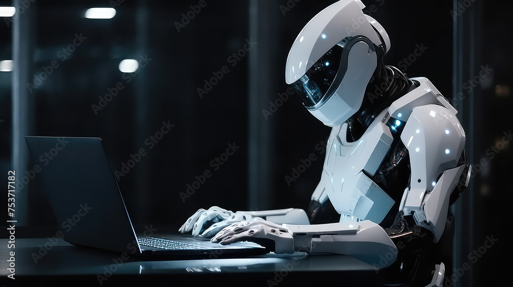 Robot sitted at the table working at computer dark background Robot sitted at the table working at computer dark background