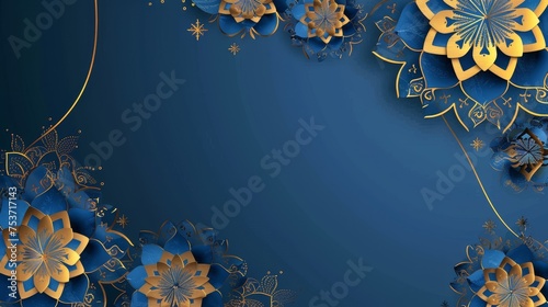 minimalistic islamic background, blue and gold colors illustration 