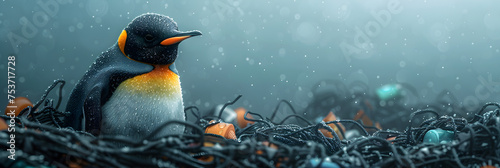 Illustration of Poor Penguin Caught in a Net with Various Items  A penguin stands on a frozen surface with rain falling