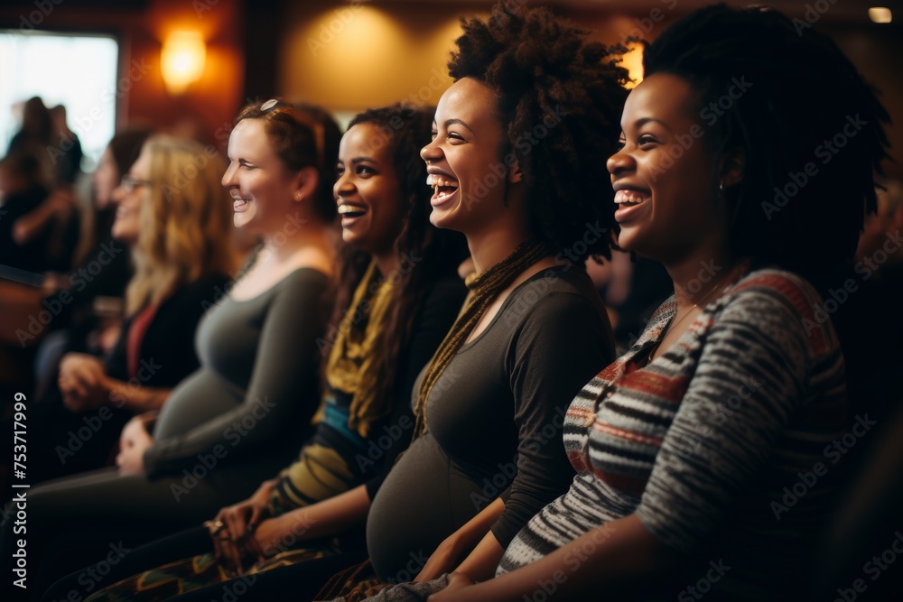 Group of expecting moms in a prenatal yoga class, smiling and practicing wellness - obrazy, fototapety, plakaty 