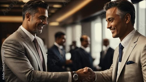 Two businessmen wearing suits smiling and shaking hands after making a deal photo
