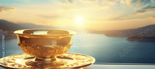Capturing the essence of a golden sunrise with steaming coffee on a breathtaking morning landscape